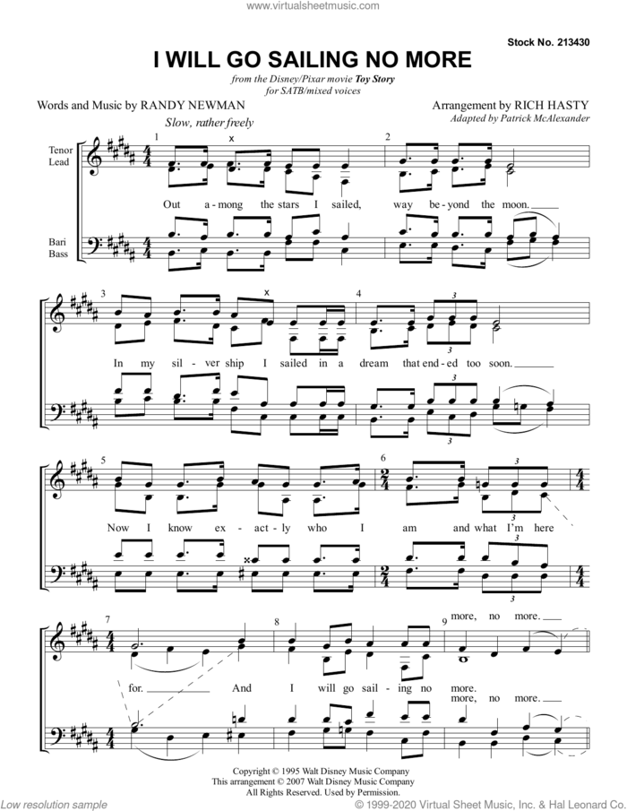I Will Go Sailing No More (arr. Richard Hasty) sheet music for choir (SATB: soprano, alto, tenor, bass) by Randy Newman and Richard Hasty, intermediate skill level