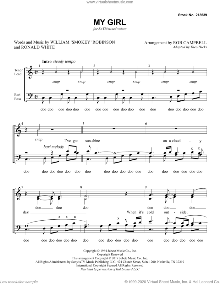 My Girl (arr. Rob Campbell) sheet music for choir (SATB: soprano, alto, tenor, bass) by William 'Smokey' Robinson, Rob Campbell and Ronald White, intermediate skill level