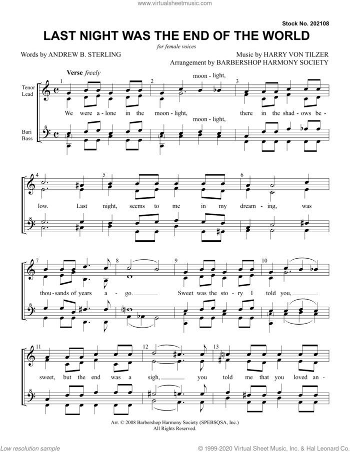 Last Night Was The End Of The World (arr. Barbershop Harmony Society) sheet music for choir (SSAA: soprano, alto) by Harry Von Tilzer, Barbershop Harmony Society, Andrew B. Sterling and Andrew B. Sterling & Harry von Tilzer, intermediate skill level