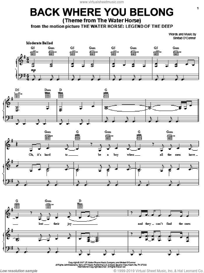 Back Where You Belong (Theme from The Water Horse) sheet music for voice, piano or guitar by Sinead O'Connor and The Water Horse (Movie), intermediate skill level