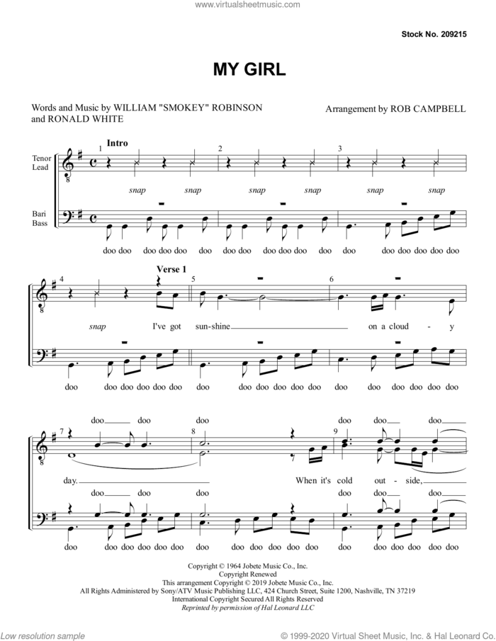 My Girl (arr. Rob Campbell) sheet music for choir (TTBB: tenor, bass) by William 'Smokey' Robinson, Rob Campbell and Ronald White, intermediate skill level