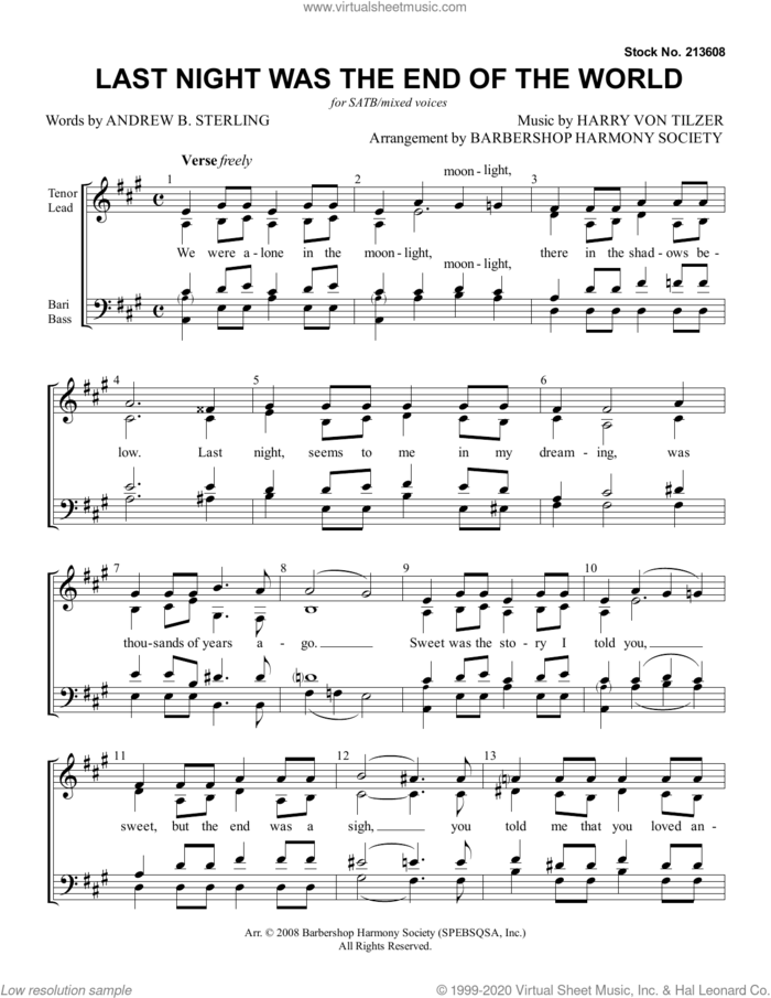 Last Night Was The End Of The World (arr. Barbershop Harmony Society) sheet music for choir (SATB: soprano, alto, tenor, bass) by Harry Von Tilzer, Barbershop Harmony Society, Andrew B. Sterling and Andrew B. Sterling & Harry von Tilzer, intermediate skill level