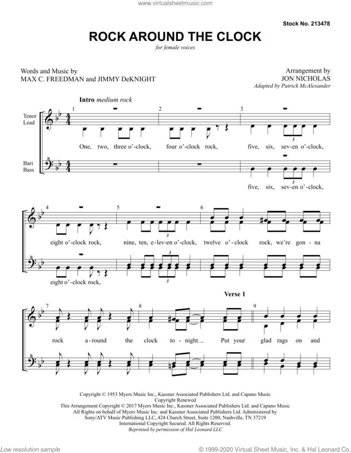 Rock Around The Clock (arr. Jon Nicholas) sheet music for choir (SSAA: soprano, alto) by Max C. Freedman, Jon Nicholas, Jimmy DeKnight and Max C. Freedman & Jimmy DeKnight, intermediate skill level