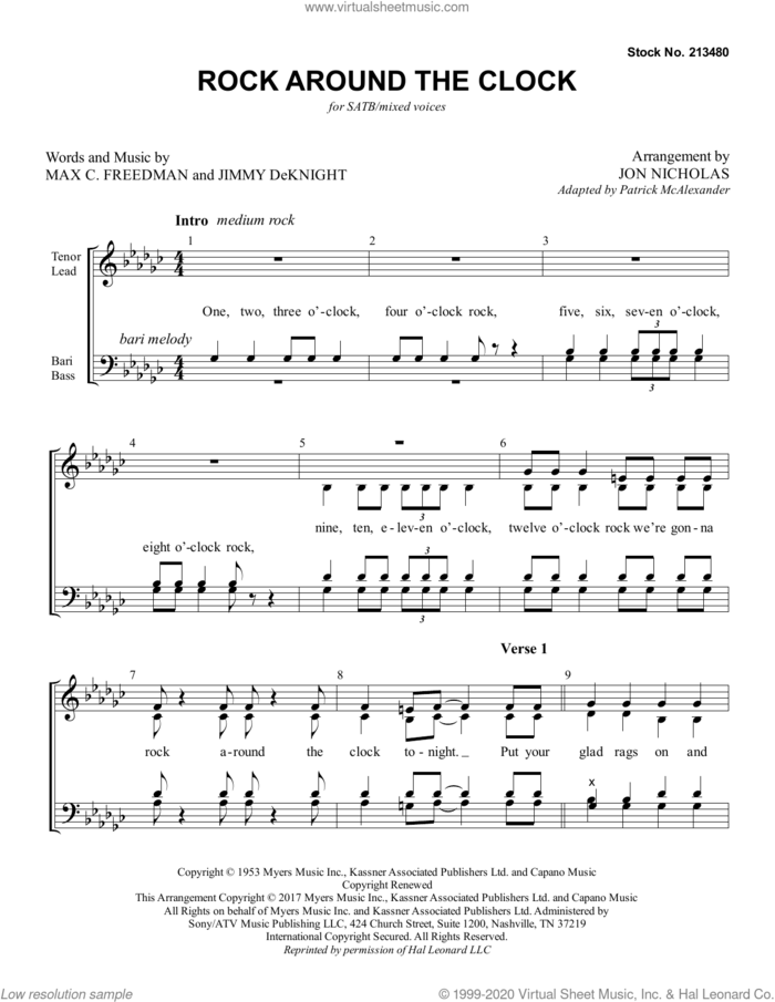 Rock Around The Clock (arr. Jon Nicholas) sheet music for choir (SATB: soprano, alto, tenor, bass) by Max C. Freedman & Jimmy DeKnight, Jon Nicholas, Jimmy DeKnight and Max C. Freedman, intermediate skill level