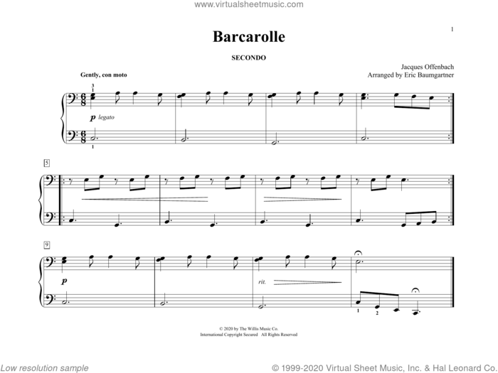 Barcarolle (arr. Eric Baumgartner) sheet music for piano four hands by Jacques Offenbach and Eric Baumgartner, classical score, easy skill level