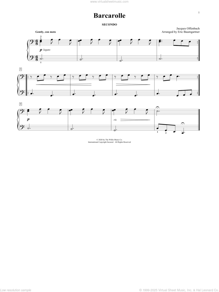 Barcarolle (arr. Eric Baumgartner) sheet music for piano four hands by Jacques Offenbach and Eric Baumgartner, classical score, easy skill level