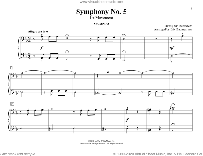 Symphony No. 5 (1st Movement) (arr. Eric Baumgartner) sheet music for piano four hands by Ludwig van Beethoven and Eric Baumgartner, classical score, intermediate skill level