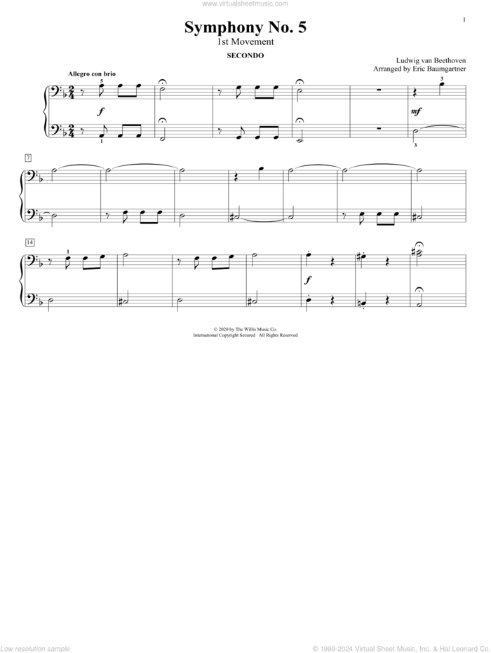 Symphony No. 5 (1st Movement) (arr. Eric Baumgartner) sheet music for piano four hands by Ludwig van Beethoven and Eric Baumgartner, classical score, intermediate skill level