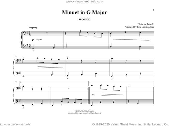 Minuet In G Major (arr. Eric Baumgartner) sheet music for piano four hands by Christian Petzold and Eric Baumgartner, classical score, intermediate skill level