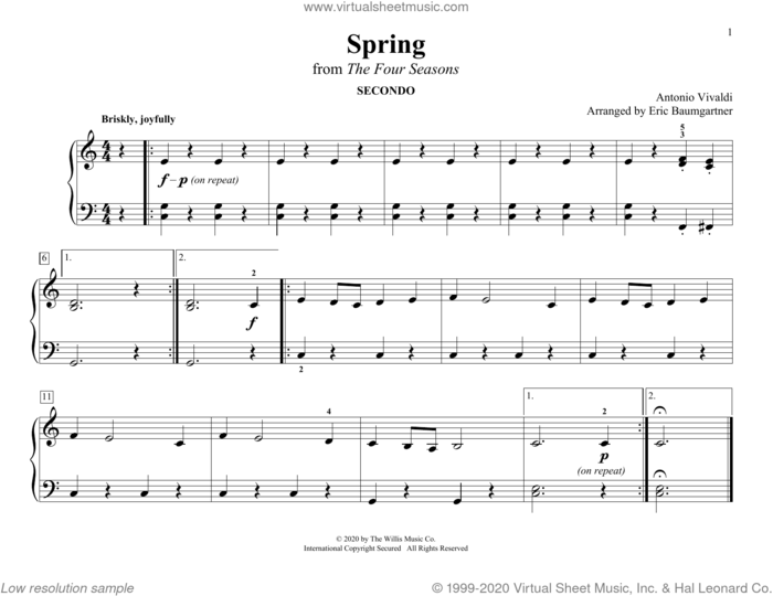 Spring (from The Four Seasons) (arr. Eric Baumgartner) sheet music for piano four hands by Antonio Vivaldi and Eric Baumgartner, classical score, intermediate skill level