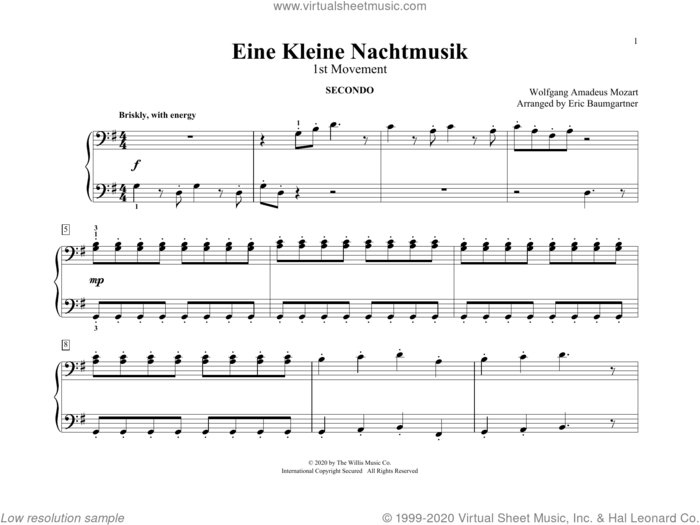 Eine Kleine Nachtmusik (1st Movement) (arr. Eric Baumgartner) sheet music for piano four hands by Wolfgang Amadeus Mozart and Eric Baumgartner, classical wedding score, intermediate skill level