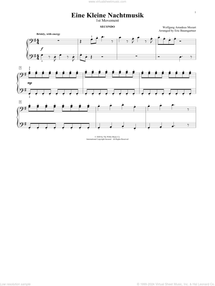 Eine Kleine Nachtmusik (1st Movement) (arr. Eric Baumgartner) sheet music for piano four hands by Wolfgang Amadeus Mozart and Eric Baumgartner, classical wedding score, intermediate skill level