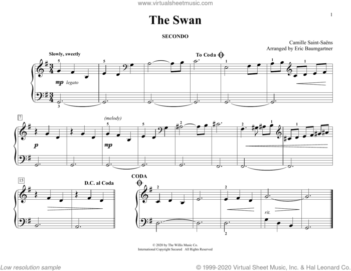 The Swan (arr. Eric Baumgartner) sheet music for piano four hands by Camille Saint-Saens and Eric Baumgartner, classical score, intermediate skill level