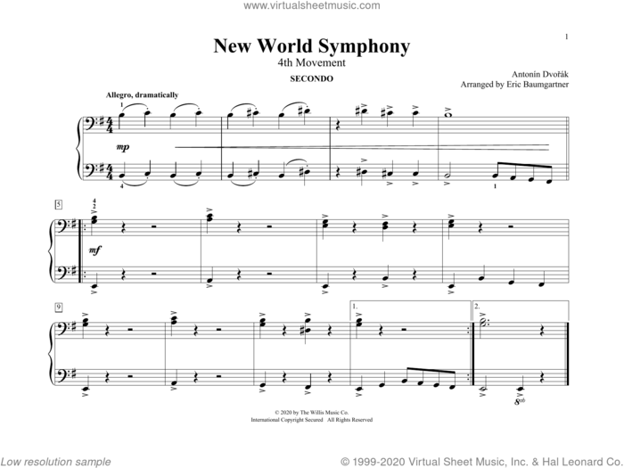 New World Symphony (4th Movement) (arr. Eric Baumgartner) sheet music for piano four hands by Antonín Dvoøák and Eric Baumgartner, classical score, intermediate skill level
