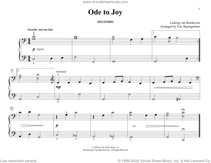 Ode To Joy (arr. Eric Baumgartner) sheet music for piano four hands by Ludwig van Beethoven and Eric Baumgartner, classical score, intermediate skill level