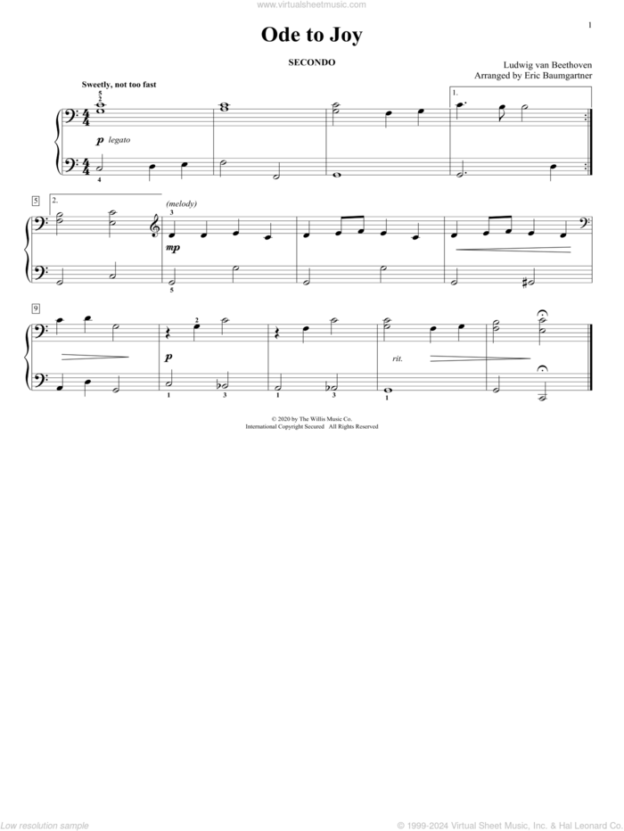 Ode To Joy (arr. Eric Baumgartner) sheet music for piano four hands by Ludwig van Beethoven and Eric Baumgartner, classical score, intermediate skill level