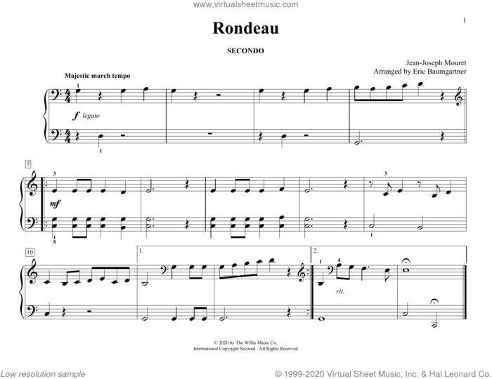 Rondeau (arr. Eric Baumgartner) sheet music for piano four hands by Jean-Joseph Mouret and Eric Baumgartner, classical score, intermediate skill level