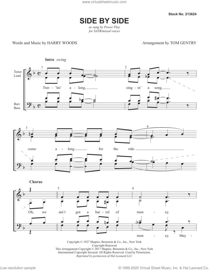 Side By Side (arr. Tom Gentry) sheet music for choir (SATB: soprano, alto, tenor, bass) by Power Play, Tom Gentry and Harry Woods, intermediate skill level