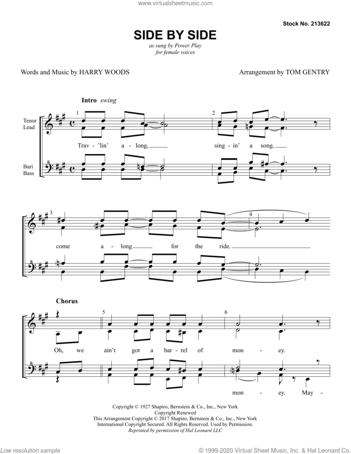 Side By Side (arr. Tom Gentry) sheet music for choir (SSAA: soprano, alto) by Power Play, Tom Gentry and Harry Woods, intermediate skill level