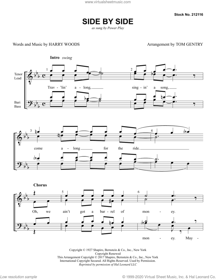 Side By Side (arr. Tom Gentry) sheet music for choir (TTBB: tenor, bass) by Power Play, Tom Gentry and Harry Woods, intermediate skill level
