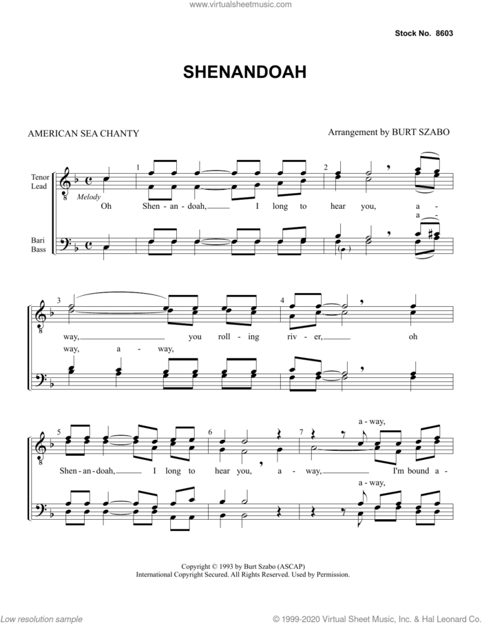 Shenandoah (arr. Burt Szabo) sheet music for choir (TTBB: tenor, bass) by American Sea Chanty and Burt Szabo, intermediate skill level