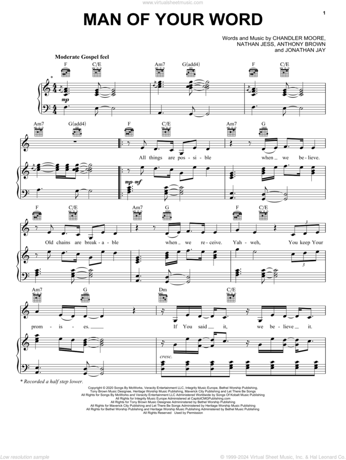Man Of Your Word (feat. Chandler Moore and KJ Scriven) sheet music for voice, piano or guitar by Maverick City Music, Anthony Brown, Chandler Moore, Jonathan Jay and Nathan Jess, intermediate skill level