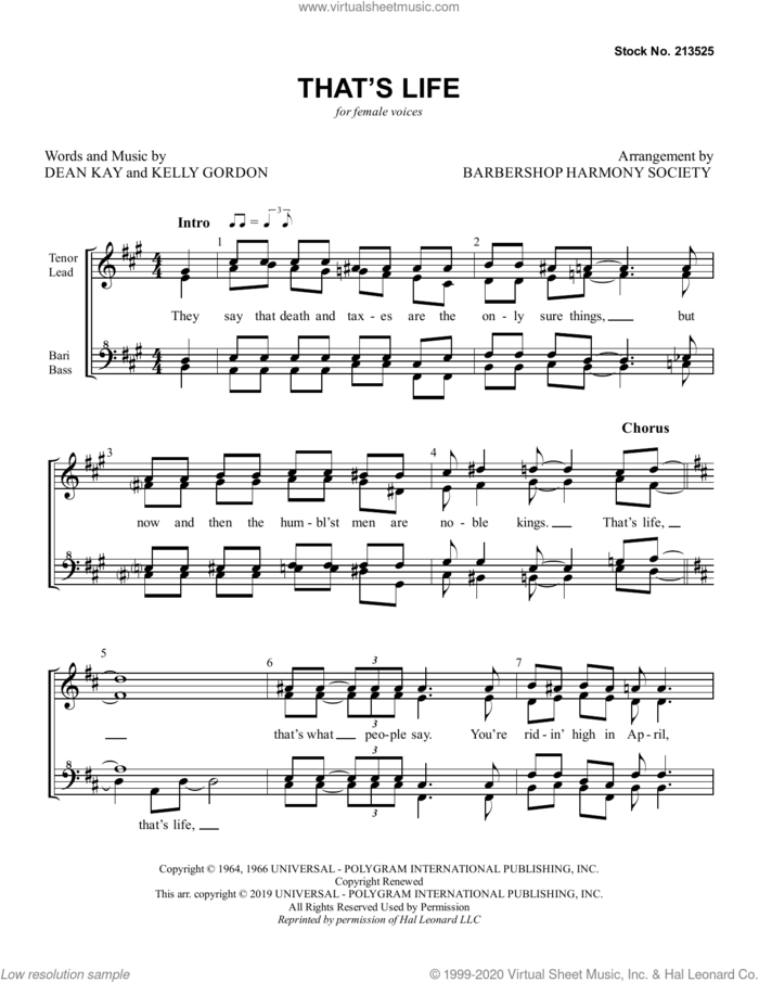 That's Life (arr. Barbershop Harmony Society) sheet music for choir (SSAA: soprano, alto) by Dean Kay & Kelly Gordon, Barbershop Harmony Society, Dean Kay and Kelly Gordon, intermediate skill level
