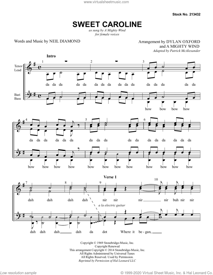 Sweet Caroline (arr. Dylan Oxford and A Mighty Wind) sheet music for choir (SSAA: soprano, alto) by Neil Diamond, A Mighty Wind and Dylan Oxford, intermediate skill level