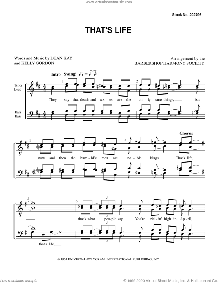 That's Life (arr. Barbershop Harmony Society) sheet music for choir (TTBB: tenor, bass) by Dean Kay & Kelly Gordon, Barbershop Harmony Society, Dean Kay and Kelly Gordon, intermediate skill level