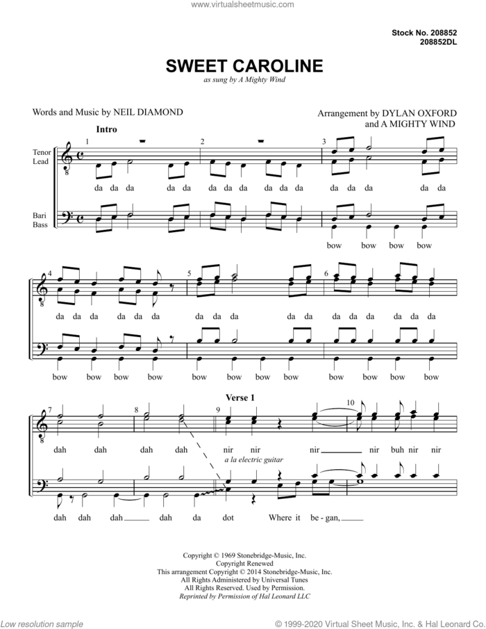 Sweet Caroline (arr. Dylan Oxford and A Mighty Wind) sheet music for choir (TTBB: tenor, bass) by Neil Diamond, A Mighty Wind and Dylan Oxford, intermediate skill level