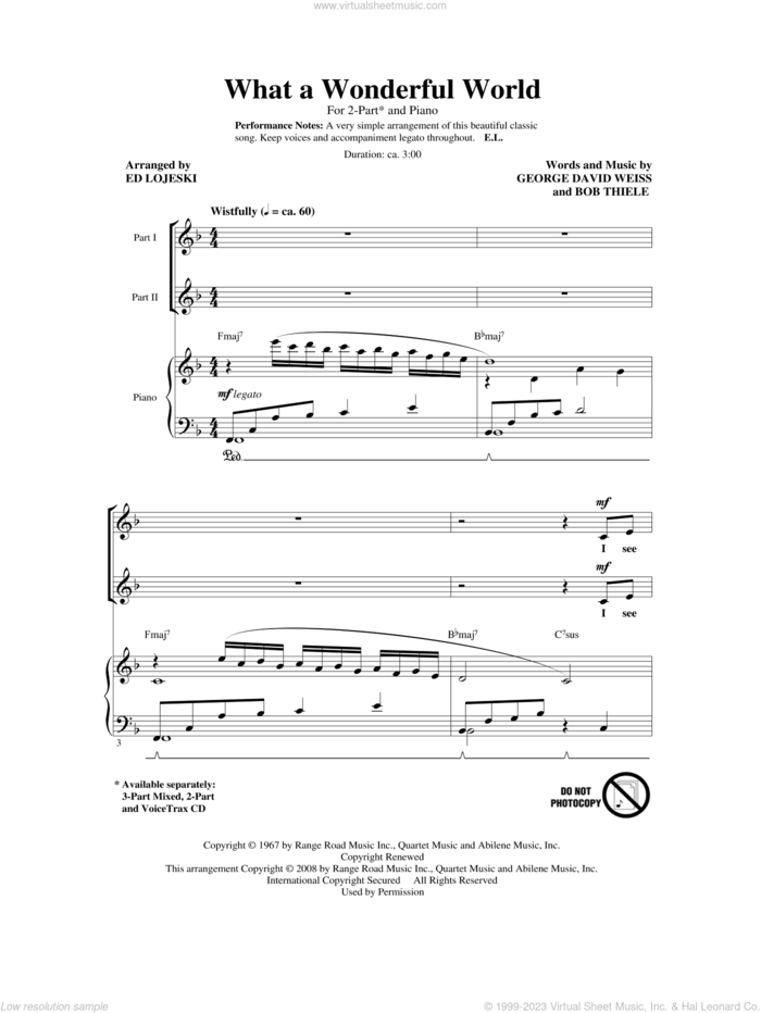 What A Wonderful World sheet music for choir (2-Part) by Ed Lojeski, Bob Thiele, George David Weiss and Louis Armstrong, intermediate duet