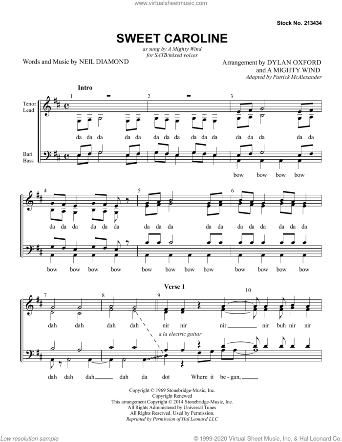 Sweet Caroline (arr. Dylan Oxford and A Mighty Wind) sheet music for choir (SATB: soprano, alto, tenor, bass) by Neil Diamond, A Mighty Wind and Dylan Oxford, intermediate skill level