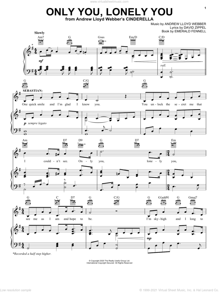 Only You, Lonely You (from Andrew Lloyd Webber's Cinderella) sheet music for voice, piano or guitar by Andrew Lloyd Webber, David Zippel and Emerald Fennell, intermediate skill level