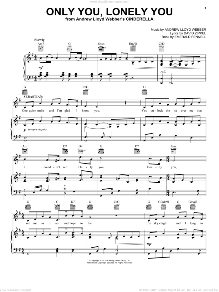 Only You, Lonely You (from Andrew Lloyd Webber's Cinderella) sheet music for voice, piano or guitar by Andrew Lloyd Webber, David Zippel and Emerald Fennell, intermediate skill level