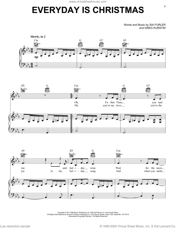 Everyday Is Christmas sheet music for voice, piano or guitar by Sia, Greg Kurstin and Sia Furler, intermediate skill level