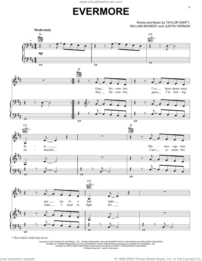 evermore (feat. Bon Iver) sheet music for voice, piano or guitar by Taylor Swift, Justin Vernon and William Bowery, intermediate skill level