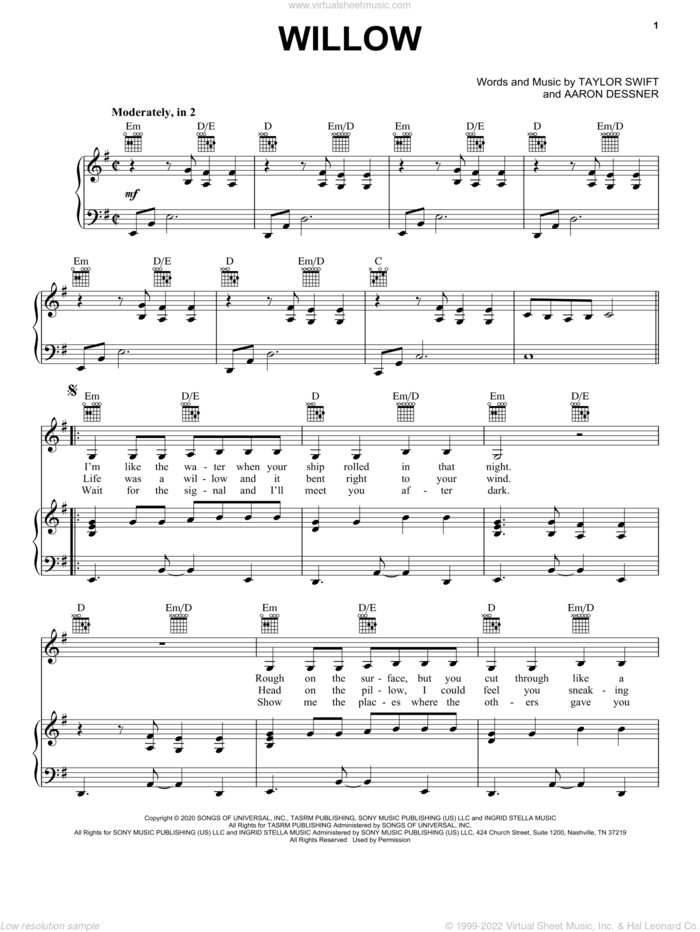 willow sheet music for voice, piano or guitar by Taylor Swift and Aaron Dessner, intermediate skill level