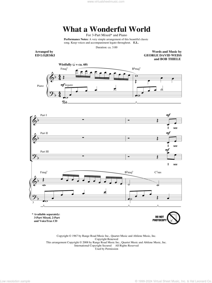 What A Wonderful World sheet music for choir (3-Part Mixed) by Ed Lojeski, Bob Thiele, George David Weiss and Louis Armstrong, intermediate skill level