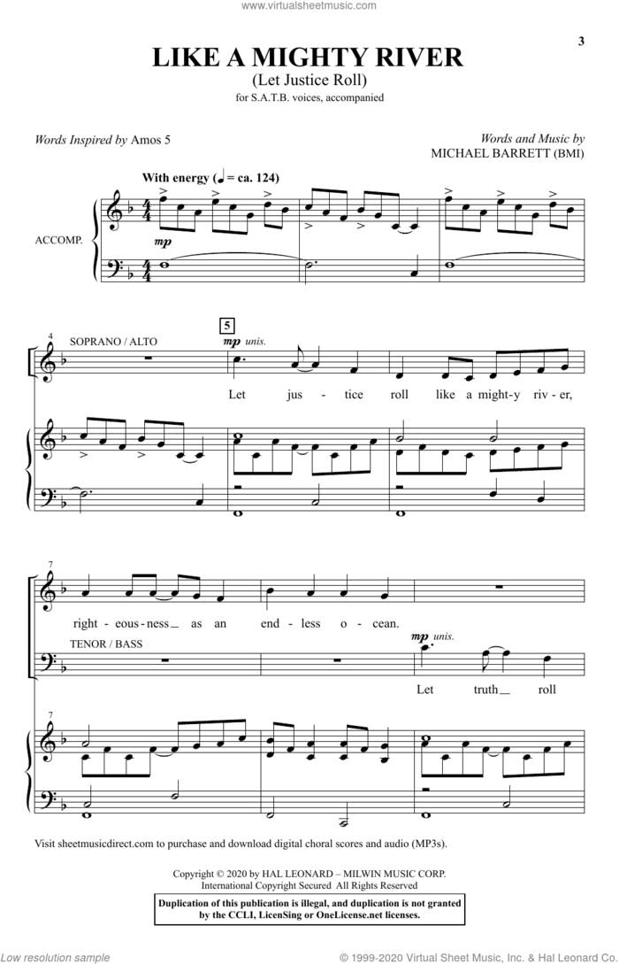 Like A Mighty River (Let Justice Roll) sheet music for choir (SATB: soprano, alto, tenor, bass) by Michael Barrett and Amos 5, intermediate skill level