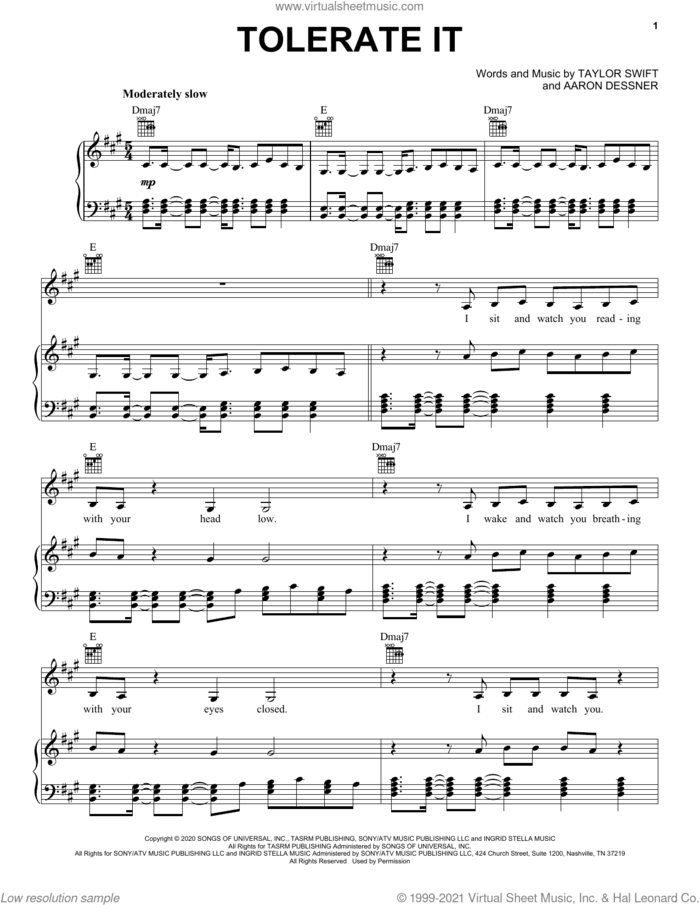 tolerate it sheet music for voice, piano or guitar by Taylor Swift and Aaron Dessner, intermediate skill level