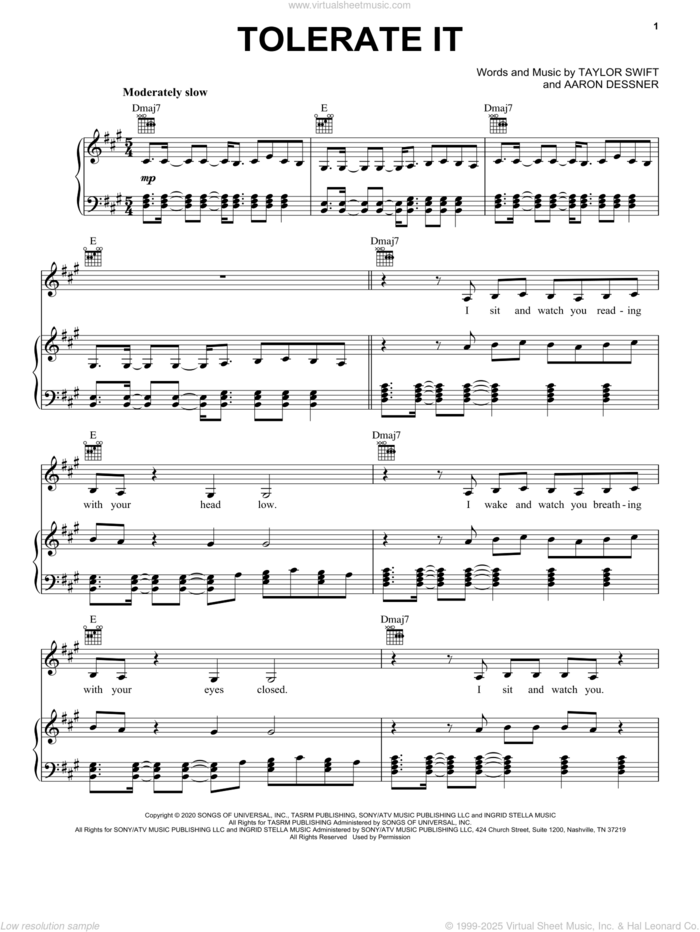 tolerate it sheet music for voice, piano or guitar by Taylor Swift and Aaron Dessner, intermediate skill level