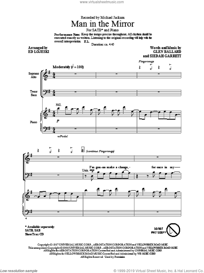 Man In The Mirror (arr. Ed Lojeski) sheet music for choir (SATB: soprano, alto, tenor, bass) by Glen Ballard, Siedah Garrett, Ed Lojeski and Michael Jackson, intermediate skill level