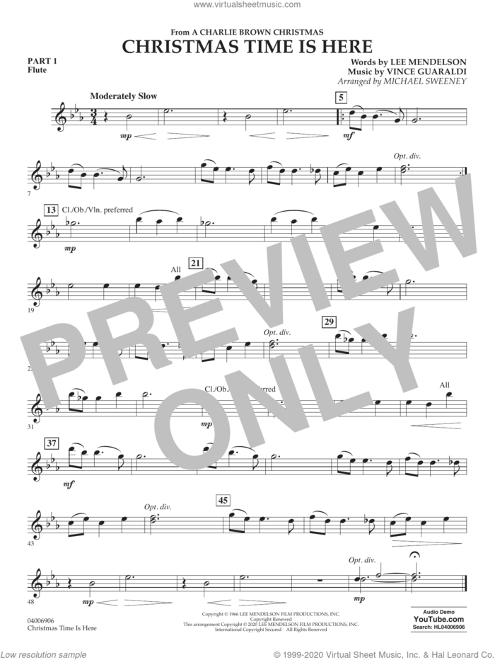 Christmas Time Is Here (arr. Michael Sweeney) sheet music for concert band (pt.1 - flute) by Vince Guaraldi, Michael Sweeney and Lee Mendelson, intermediate skill level