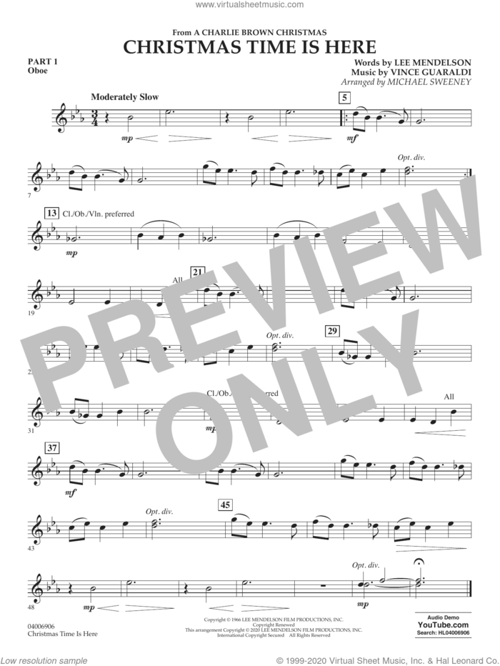 Christmas Time Is Here (arr. Michael Sweeney) sheet music for concert band (pt.1 - oboe) by Vince Guaraldi, Michael Sweeney and Lee Mendelson, intermediate skill level