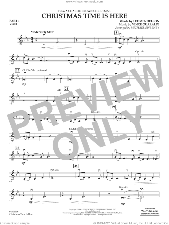 Christmas Time Is Here (arr. Michael Sweeney) sheet music for concert band (pt.1 - violin) by Vince Guaraldi, Michael Sweeney and Lee Mendelson, intermediate skill level