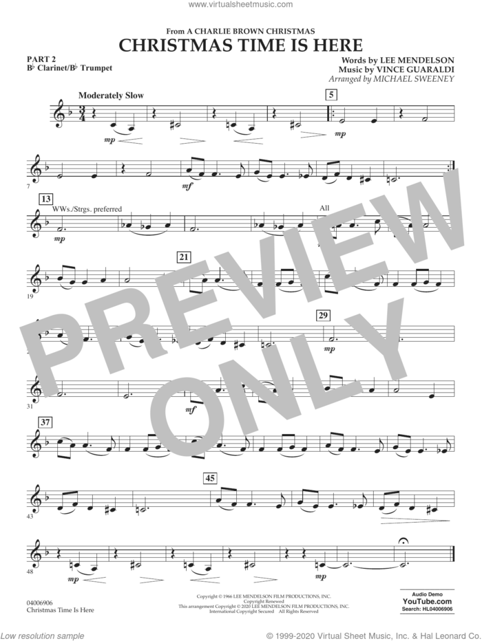 Christmas Time Is Here (arr. Michael Sweeney) sheet music for concert band (Bb clarinet/bb trumpet) by Vince Guaraldi, Michael Sweeney and Lee Mendelson, intermediate skill level