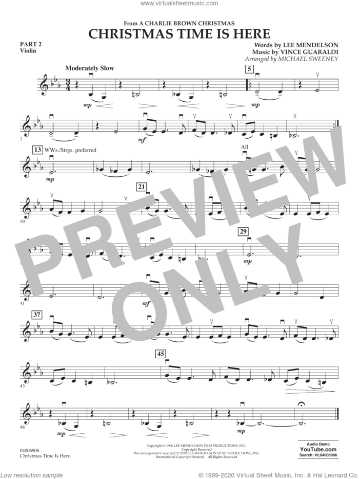 Christmas Time Is Here (arr. Michael Sweeney) sheet music for concert band (pt.2 - violin) by Vince Guaraldi, Michael Sweeney and Lee Mendelson, intermediate skill level