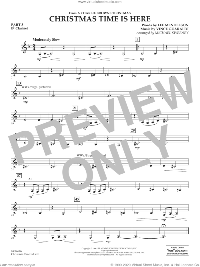 Christmas Time Is Here (arr. Michael Sweeney) sheet music for concert band (pt.3 - Bb clarinet) by Vince Guaraldi, Michael Sweeney and Lee Mendelson, intermediate skill level