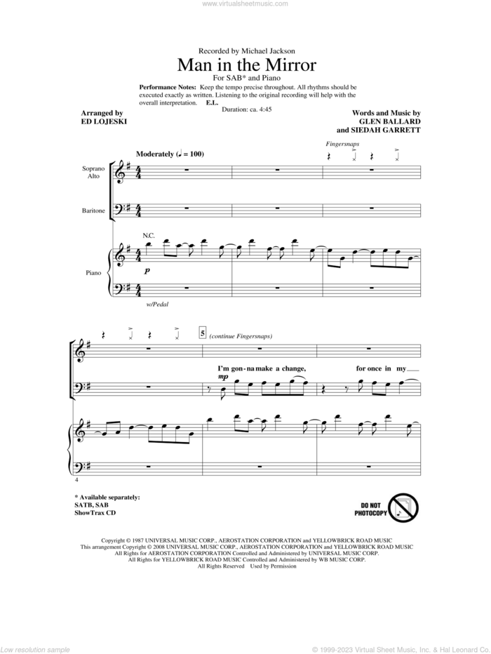 Man In The Mirror (arr. Ed Lojeski) sheet music for choir (SAB: soprano, alto, bass) by Glen Ballard, Siedah Garrett, Ed Lojeski and Michael Jackson, intermediate skill level