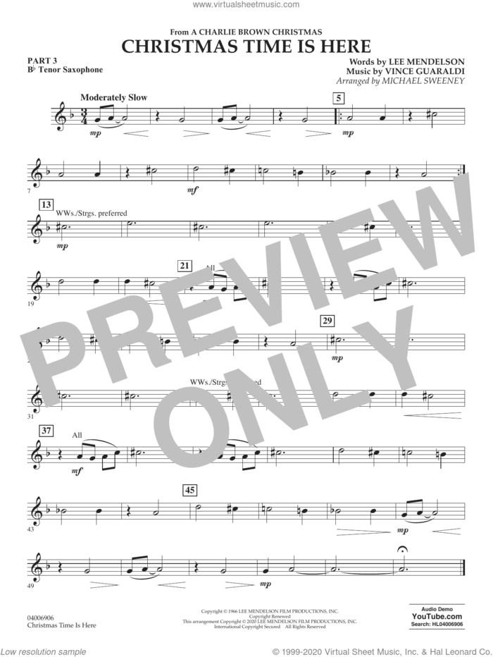 Christmas Time Is Here (arr. Michael Sweeney) sheet music for concert band (pt.3 - Bb tenor saxophone) by Vince Guaraldi, Michael Sweeney and Lee Mendelson, intermediate skill level